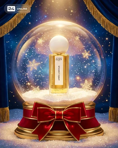 Luxury holiday product showcase in a glowing snow globe with elegant winter stage styling.