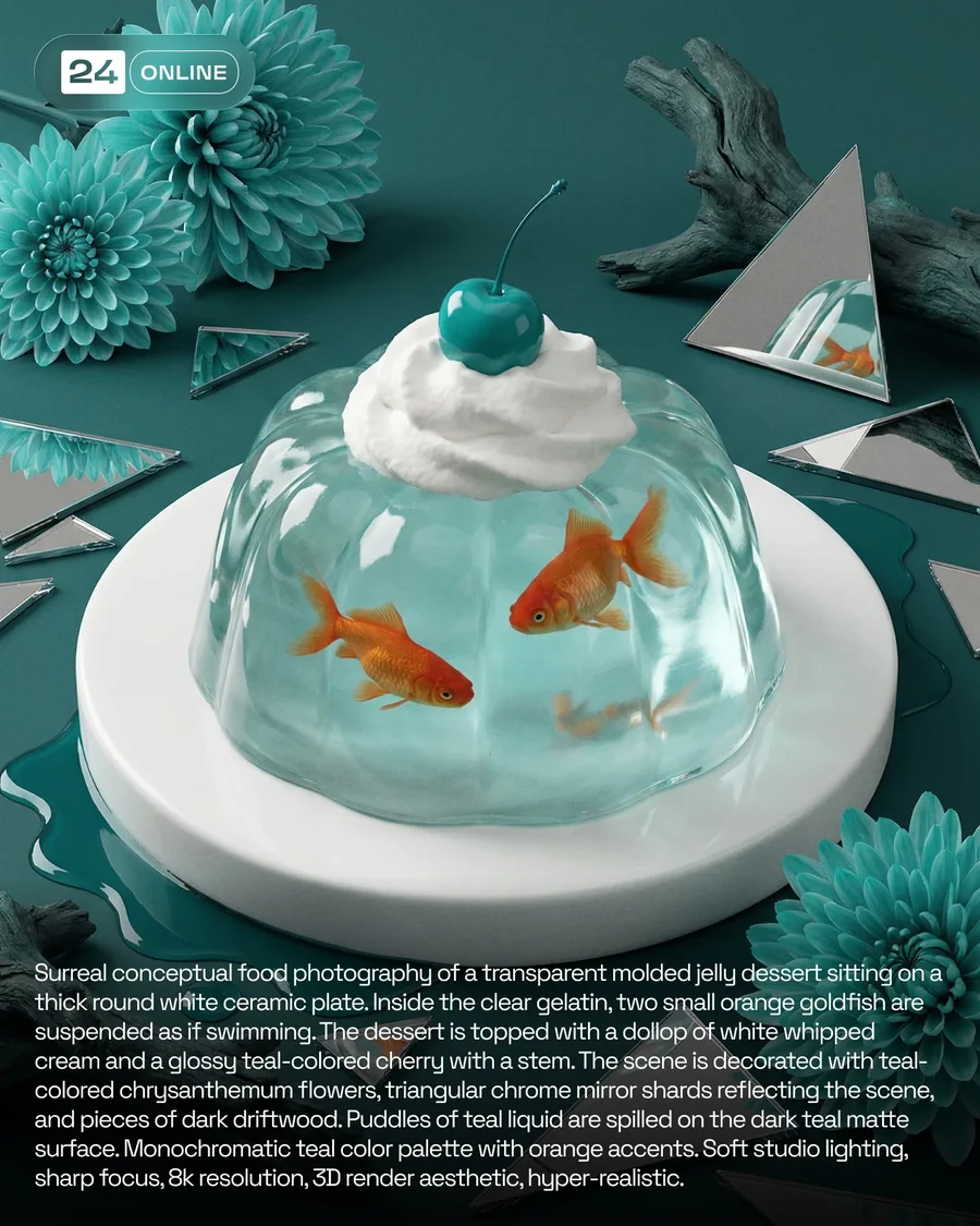 Avant-garde food photography with surreal styling, chrome accents, driftwood… — AI-generated example 3 of 6