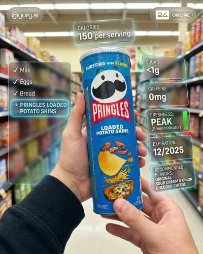 Futuristic first-person supermarket shot of a branded bottled drink with holographic nutrition UI