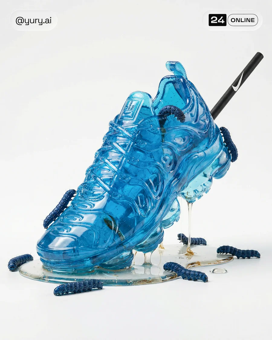 Hyper-real translucent jelly accessory melting on white surface with insects… — AI-generated example 4 of 5