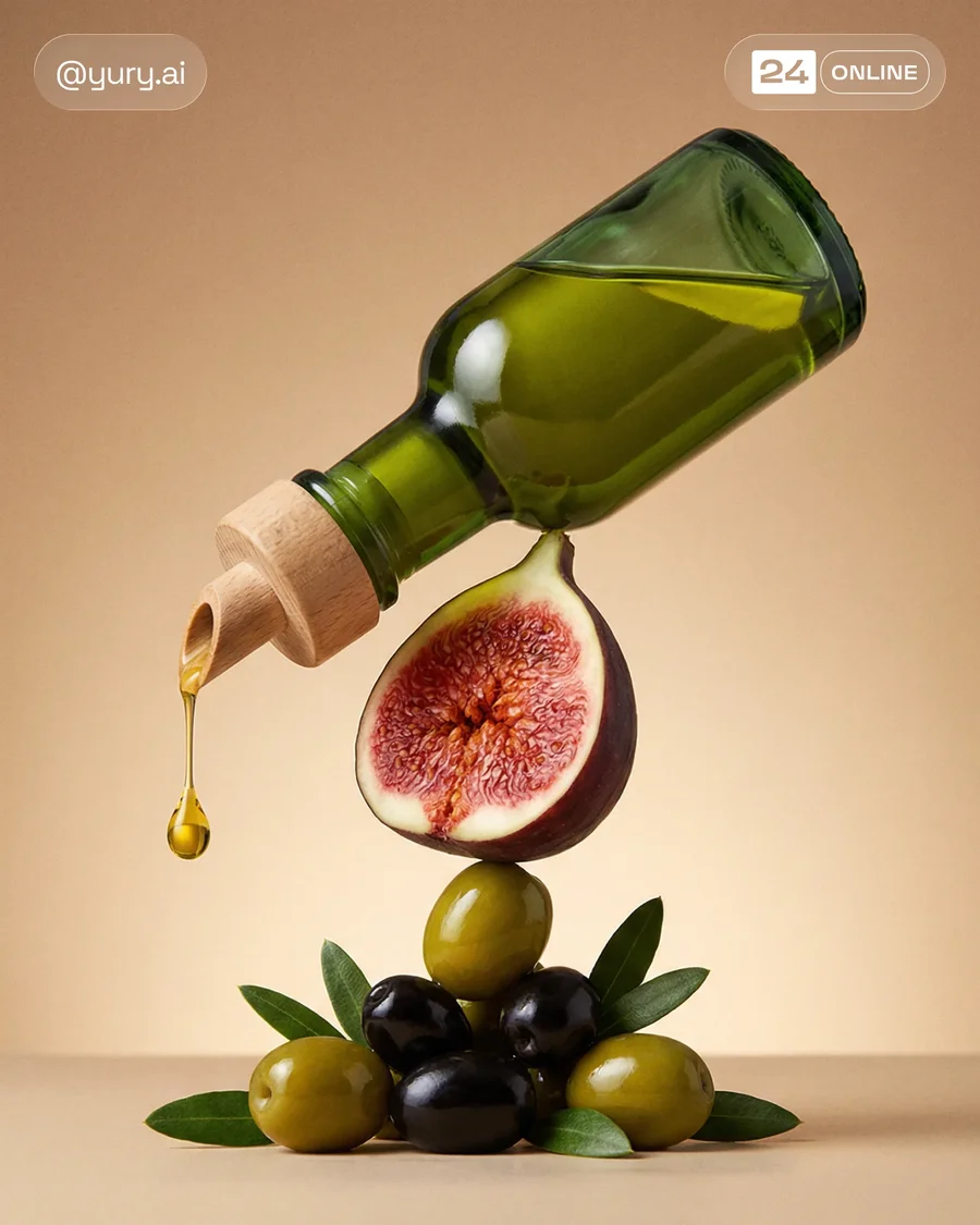 Luxury beauty bottles balanced with gourmet ingredients in surreal minimalist… — AI-generated example 6 of 6