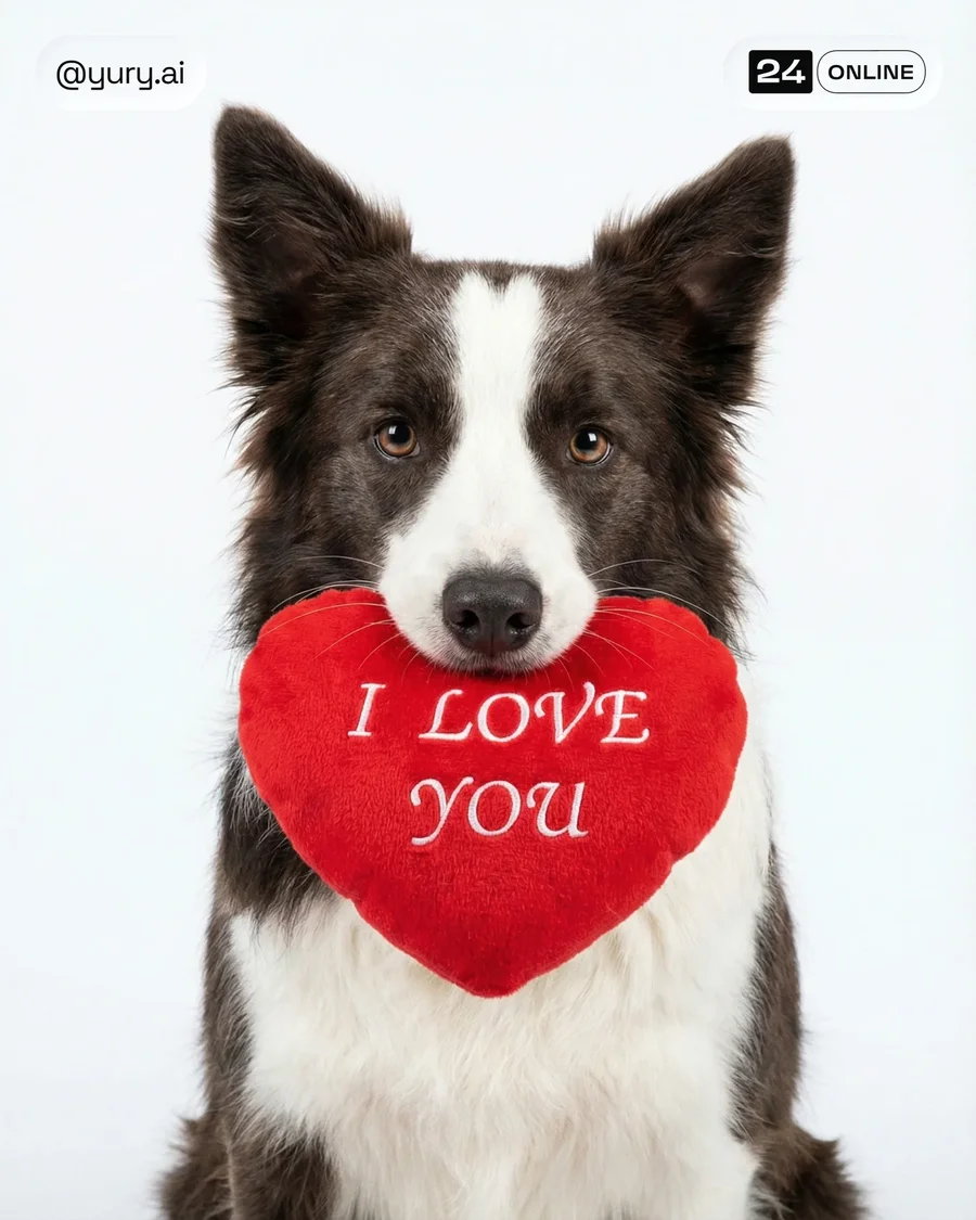 Playful Valentine-themed golden retriever portraits with heart props on bright… — AI-generated example 4 of 6