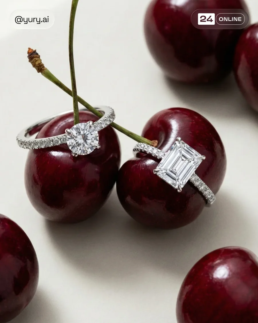 Luxury editorial fine jewelry styled on fresh fruit with soft cinematic… — AI-generated example 4 of 4