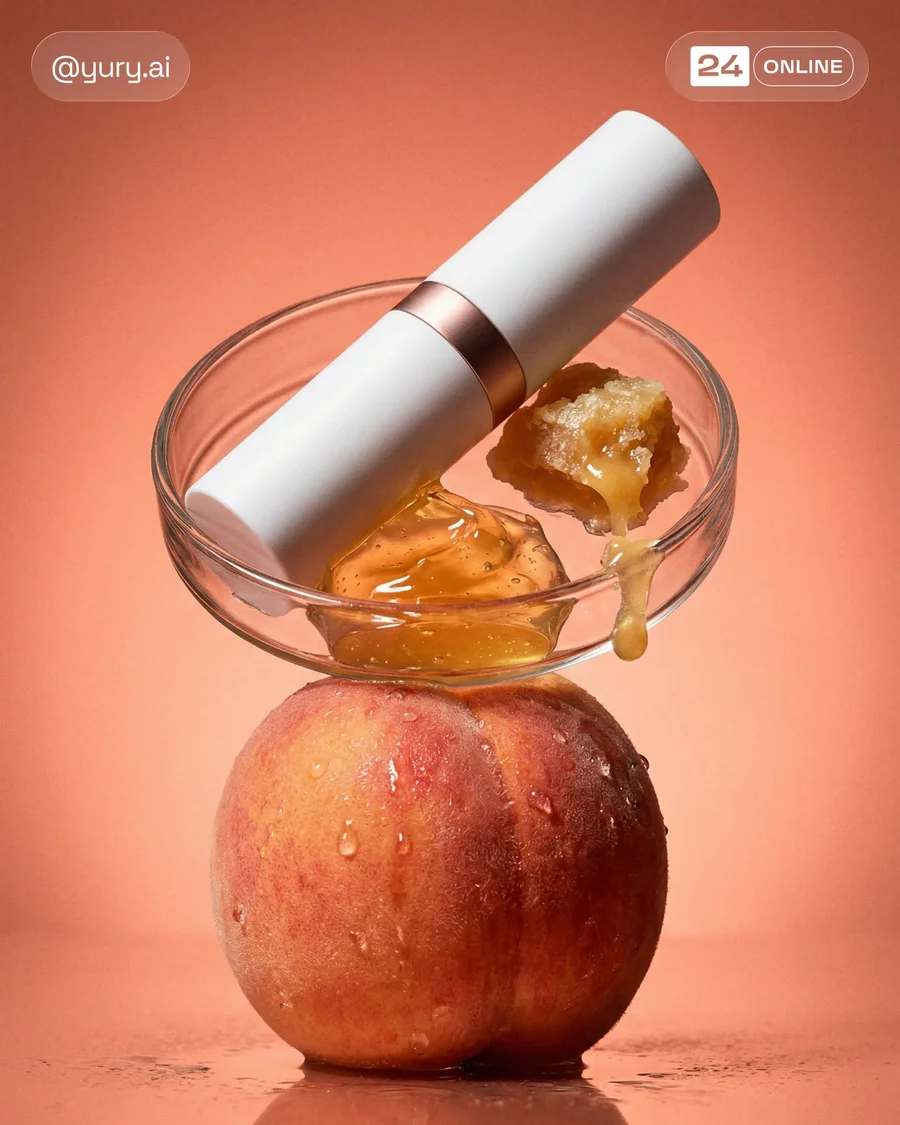 Luxury beauty bottles balanced with gourmet ingredients in surreal minimalist… — AI-generated example 4 of 6