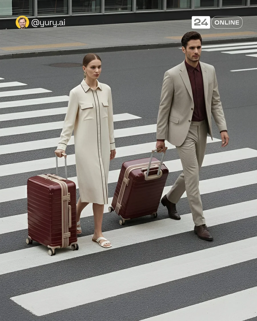 Editorial luxury luggage photography with deep bordeaux hard-shell suitcases… — AI-generated example 6 of 6