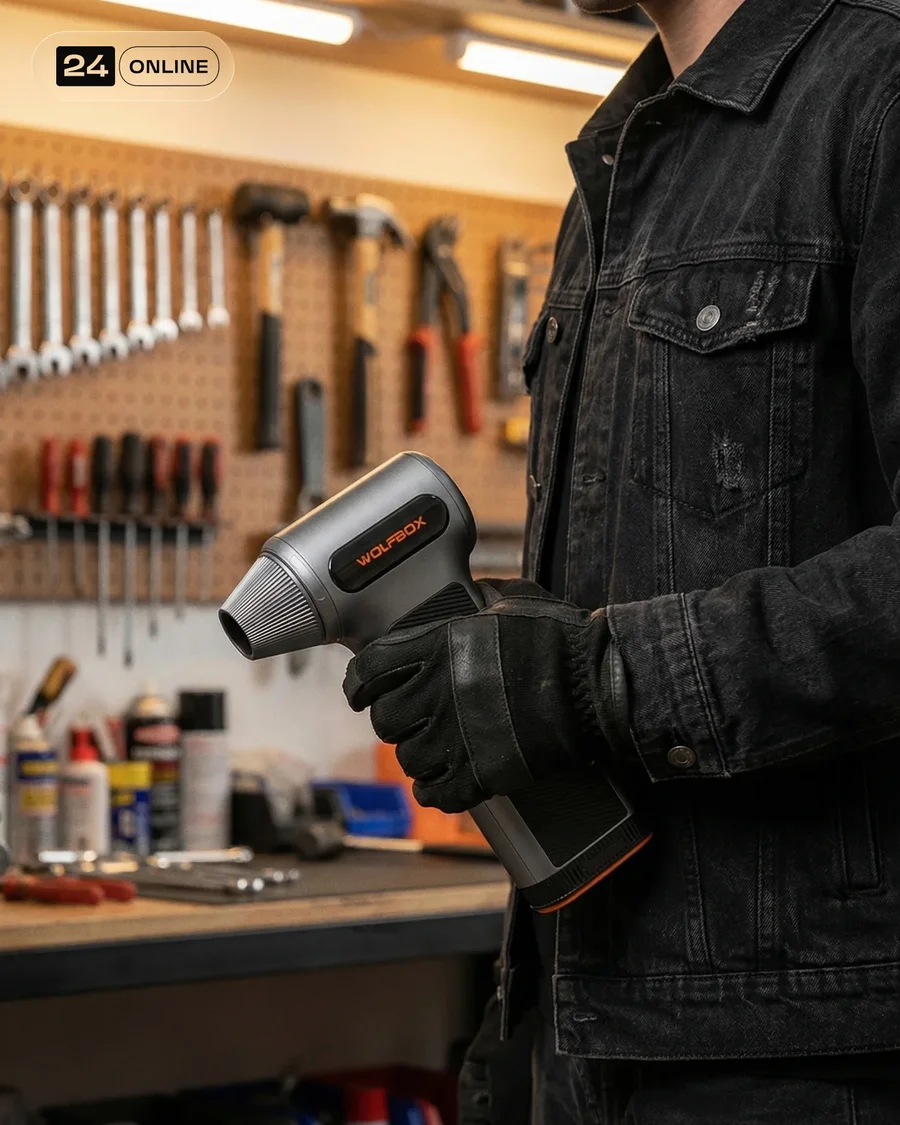 Industrial studio and macro photography of a handheld electric air blower tool. — AI-generated example 3 of 6