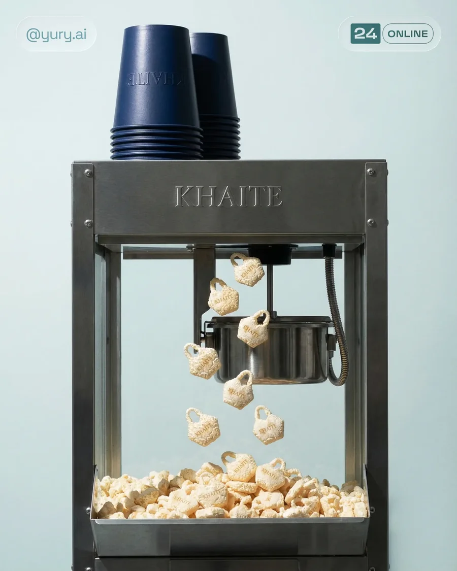 Surreal luxury editorial featuring miniature popcorn-textured handbags in soft… — AI-generated example 1 of 3