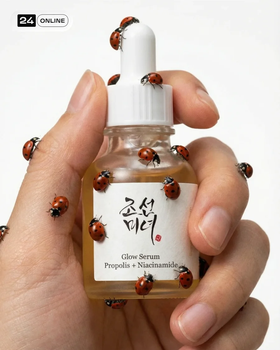 Luxury serum bottle in hand with insects or snails, clean white studio style — AI-generated example 3 of 4