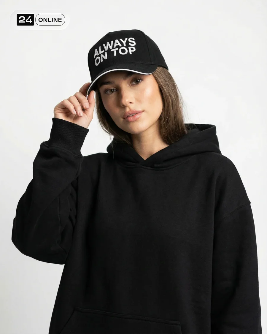 Luxury editorial scarlet baseball cap and matching hoodie in clean high-fashion… — AI-generated example 4 of 6