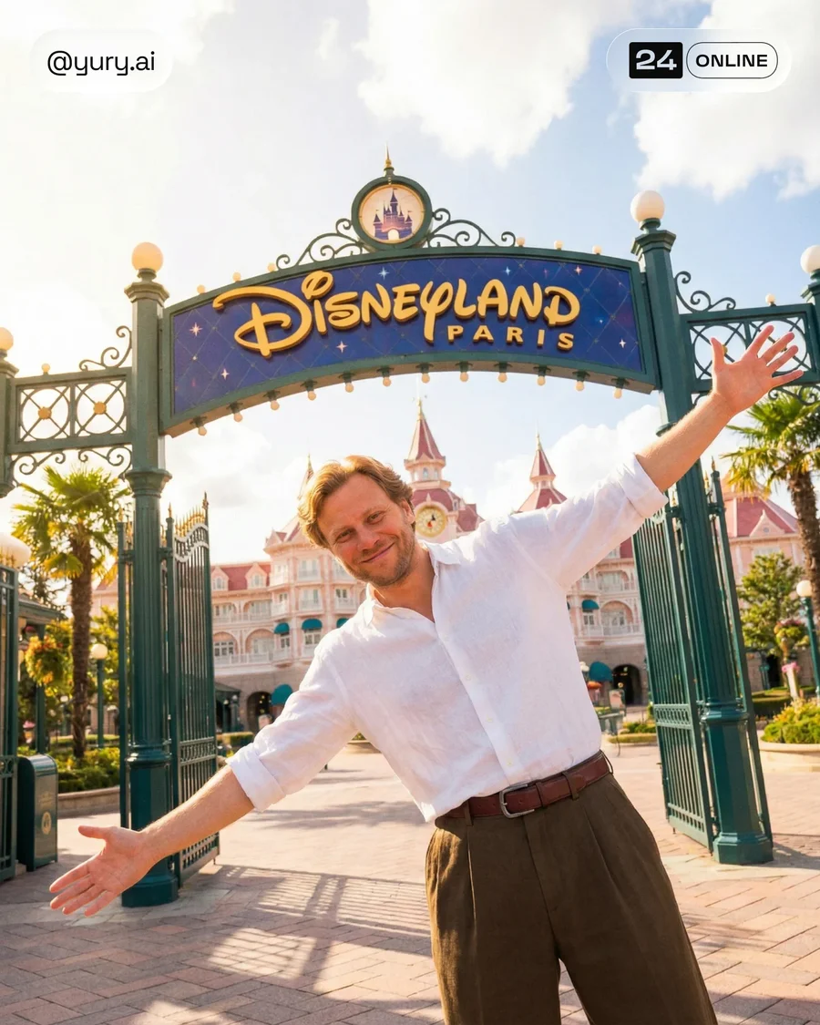 Travel lifestyle portraits featuring casual menswear in a vibrant theme park… — AI-generated example 5 of 5