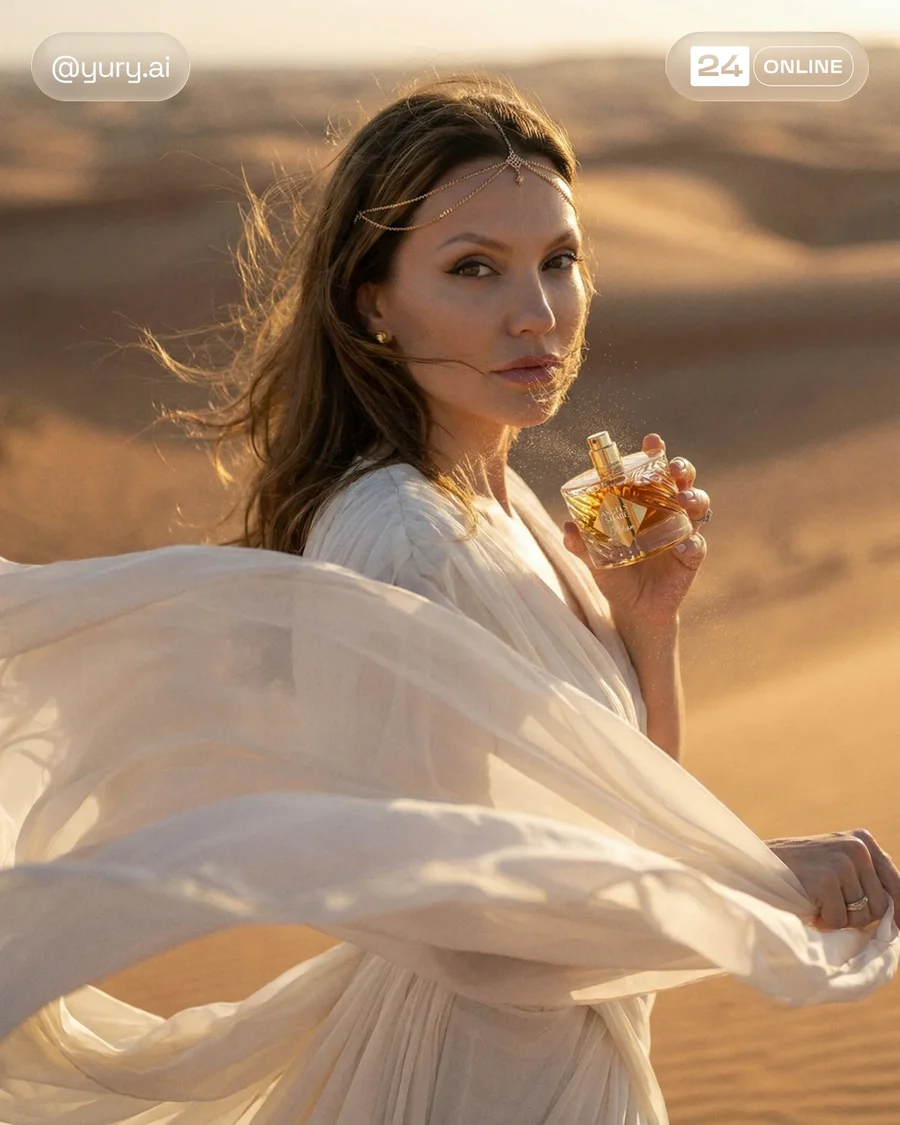 Luxury desert editorial perfume photography with faceted glass bottle and warm… — AI-generated example 5 of 5
