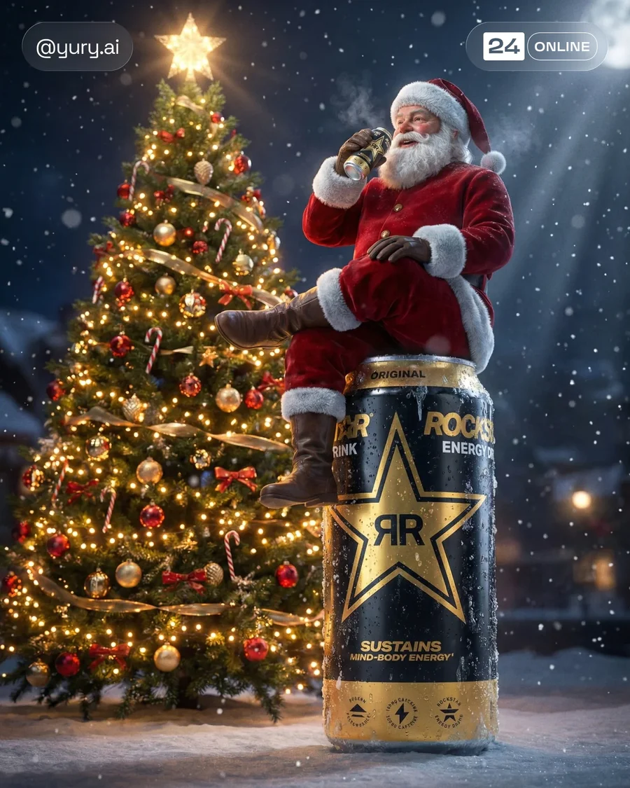 Cinematic holiday beverage can ad with Santa, Christmas tree, snow, and glossy… — AI-generated example 3 of 3