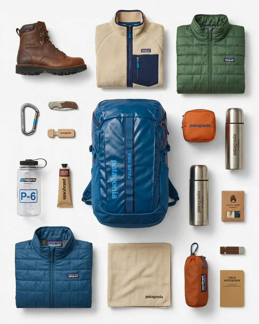 Top-down knolling flat lay of branded fashion accessories and footwear in clean… — AI-generated example 4 of 5