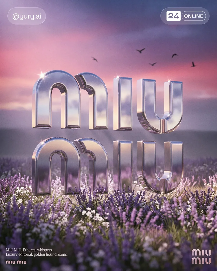 Chrome luxury fashion logo in an ethereal editorial floral landscape. — AI-generated example 4 of 4