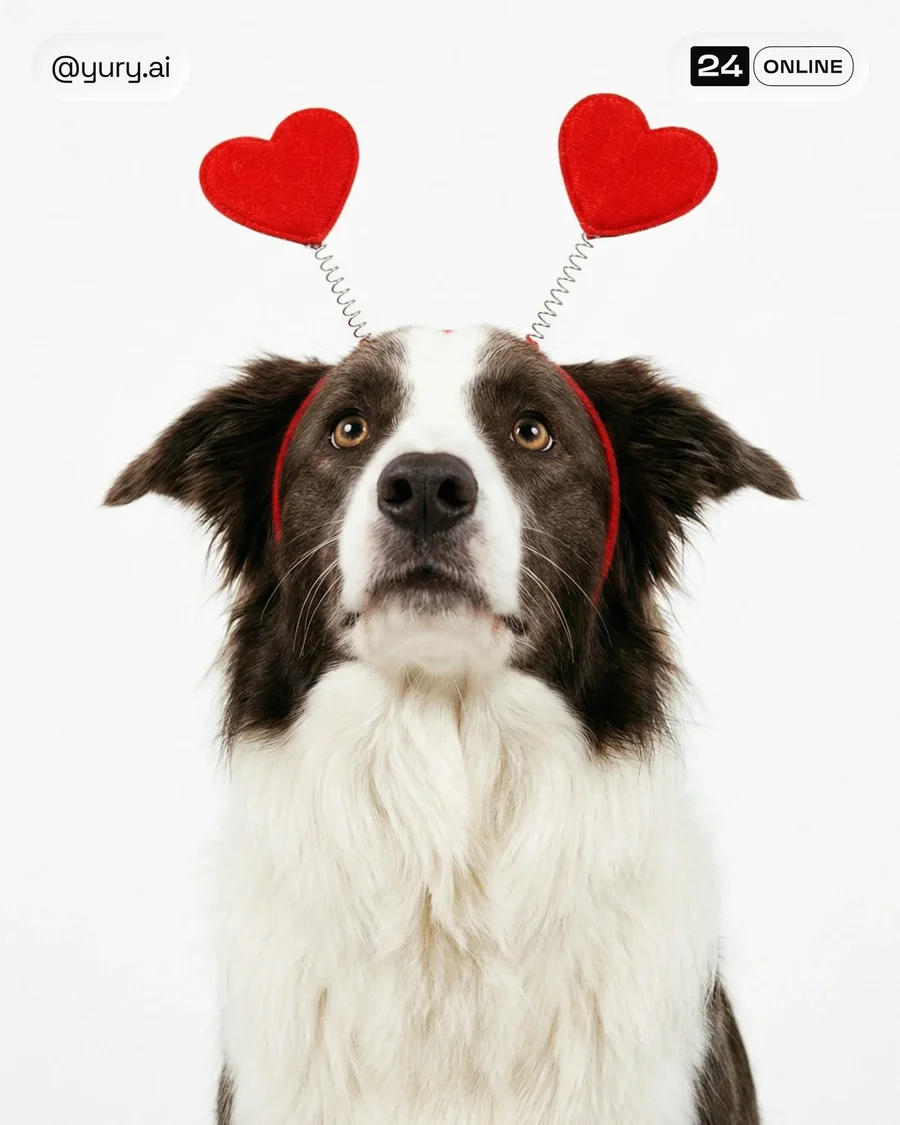 Playful Valentine-themed golden retriever portraits with heart props on bright… — AI-generated example 5 of 6