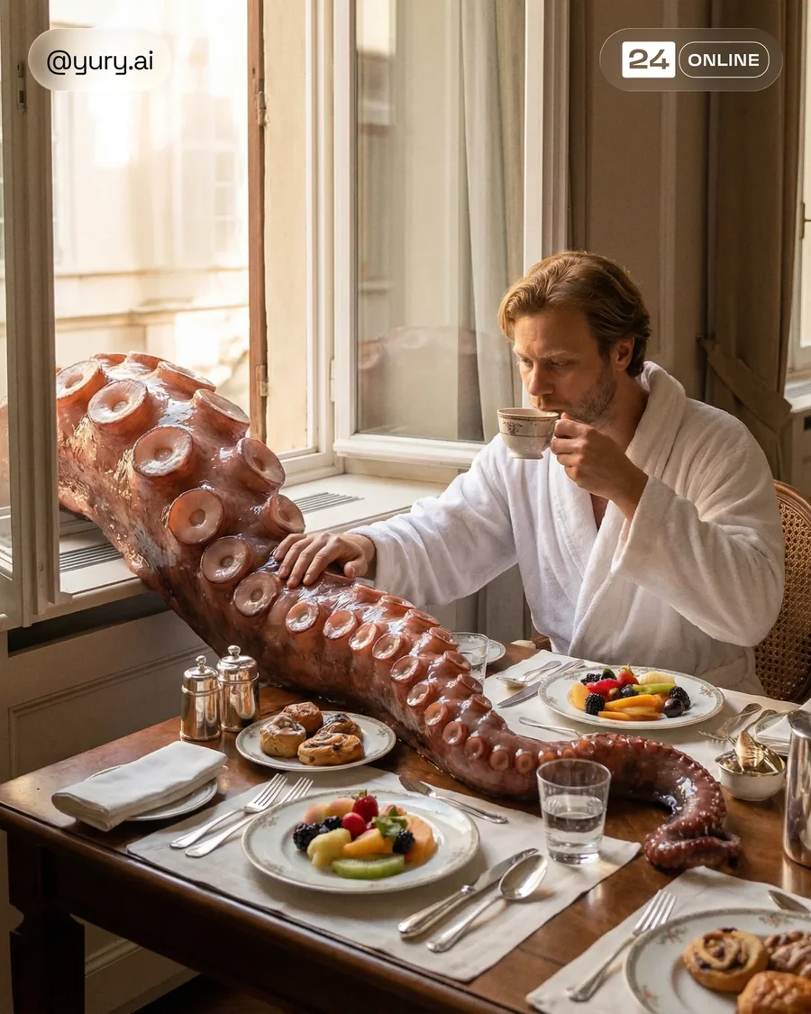 Surreal luxury lifestyle portrait featuring a man in a white robe at breakfast. — AI-generated example 4 of 4