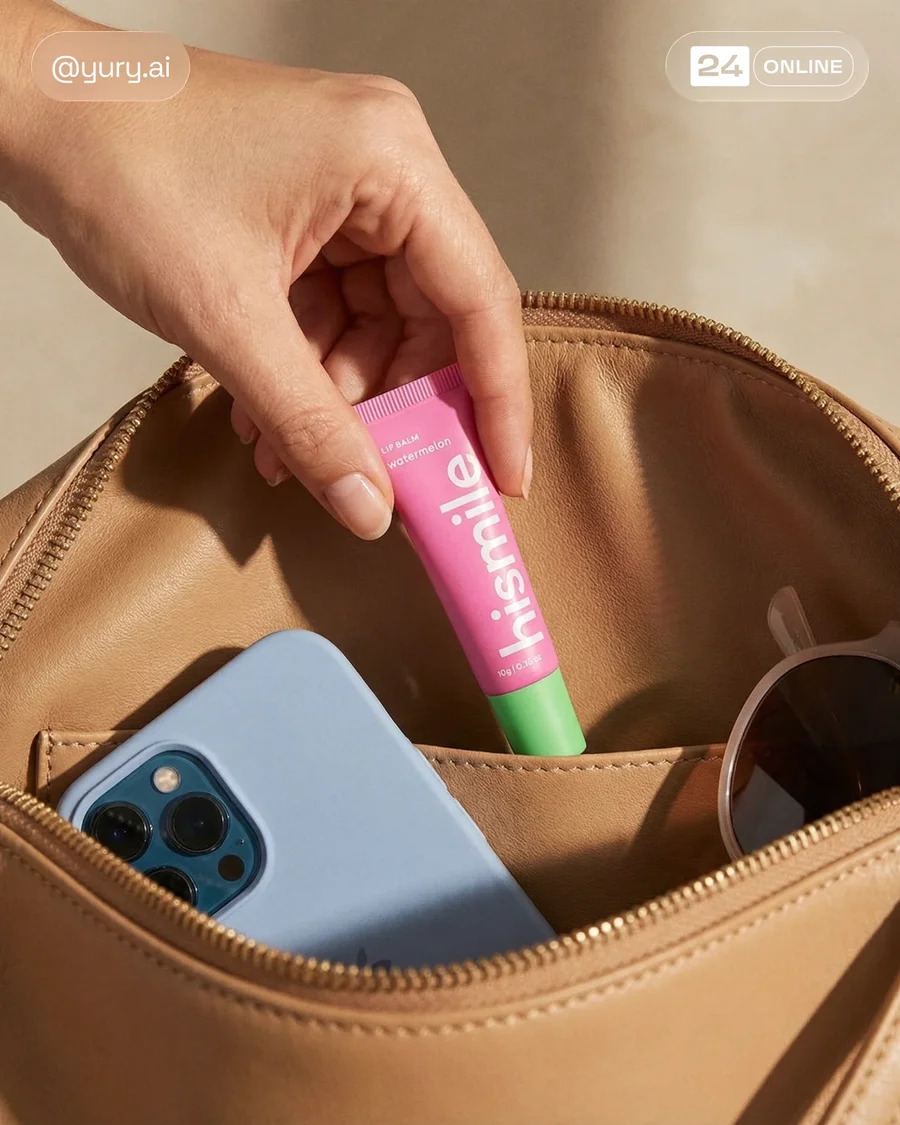 Bold hyper-real lip balm photography with vivid colors, watermelon styling, and… — AI-generated example 5 of 6