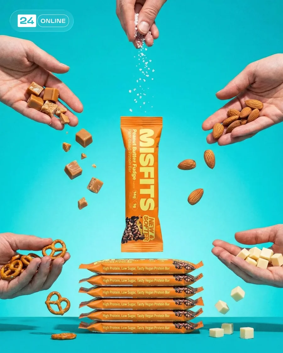 Premium protein bar product photography with bold studio backdrops and… — AI-generated example 3 of 3