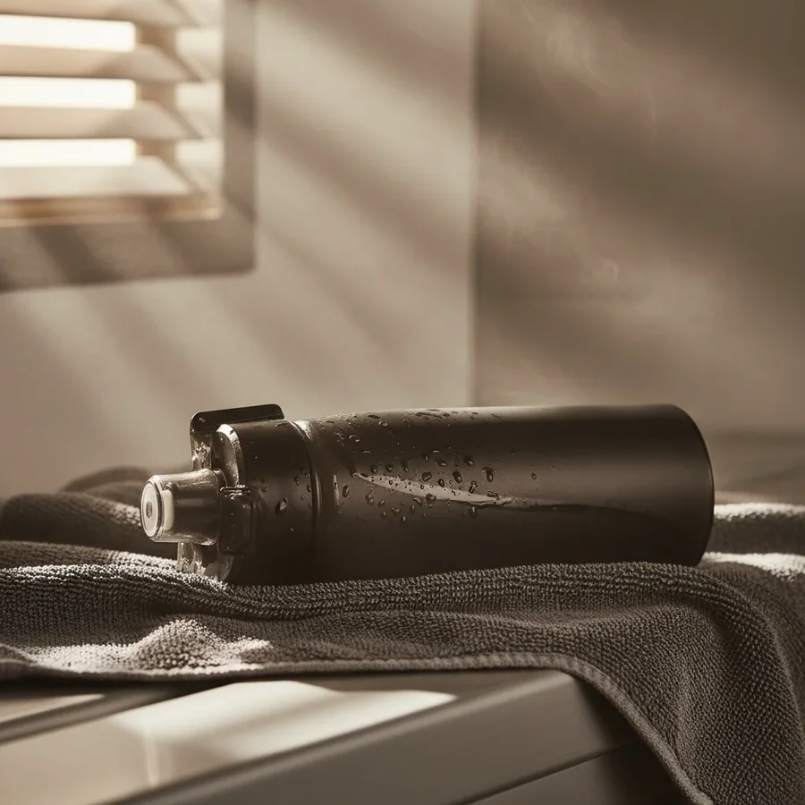 Cinematic matte-black shaker bottle in gritty gym, studio, and lifestyle… — AI-generated example 2 of 5