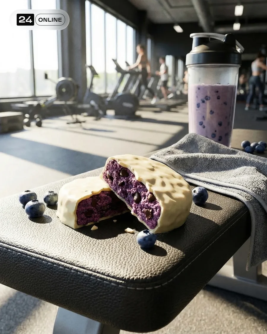 Protein blueberry brownies in clean commercial food photography with fitness… — AI-generated example 3 of 6