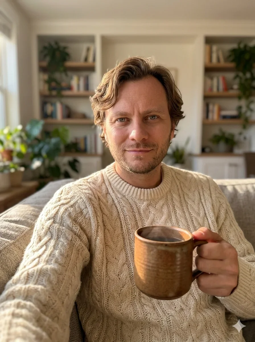 Cinematic male lifestyle portraits with textured apparel and cozy… — AI-generated example 4 of 5