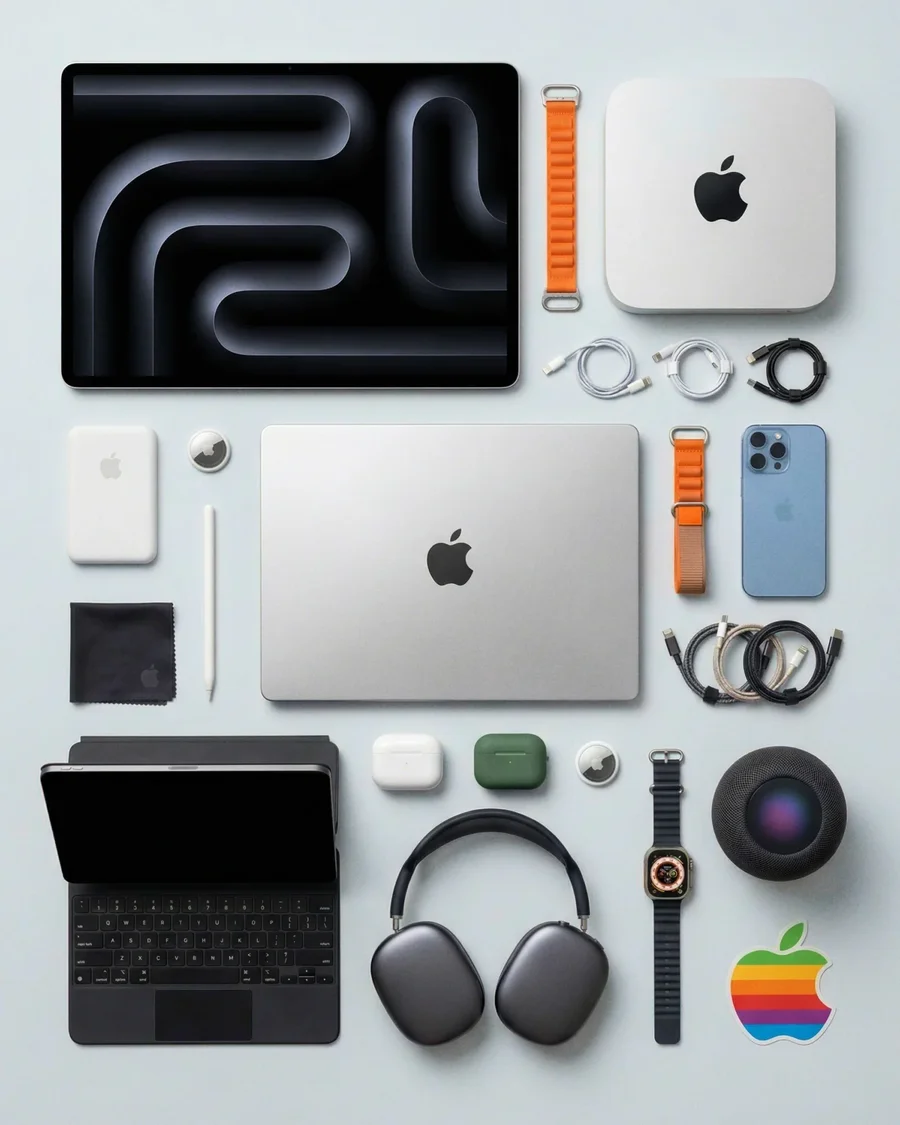 Top-down knolling flat lay of branded fashion accessories and footwear in clean… — AI-generated example 2 of 5