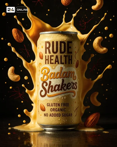 Luxury beverage packaging with dramatic ingredients, condensation, and cinematic editorial studio styling.