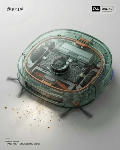 Transparent luxury turntable with exposed mechanics, circuitry, and refined editorial studio lighting.