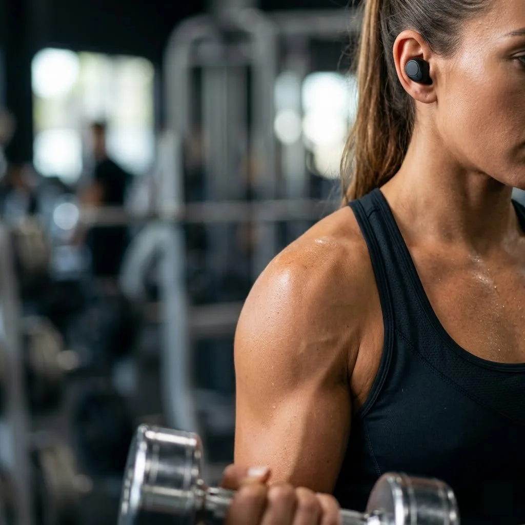 Lifestyle image for ecommerce, person wearing wireless earbuds at gym, Amazon US listing