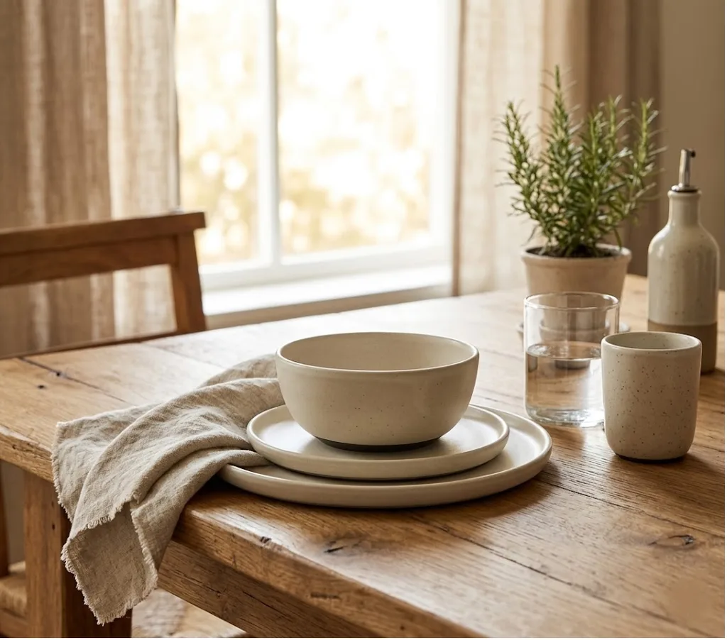 Lifestyle image for ecommerce showing dinnerware on styled table, Walmart US market