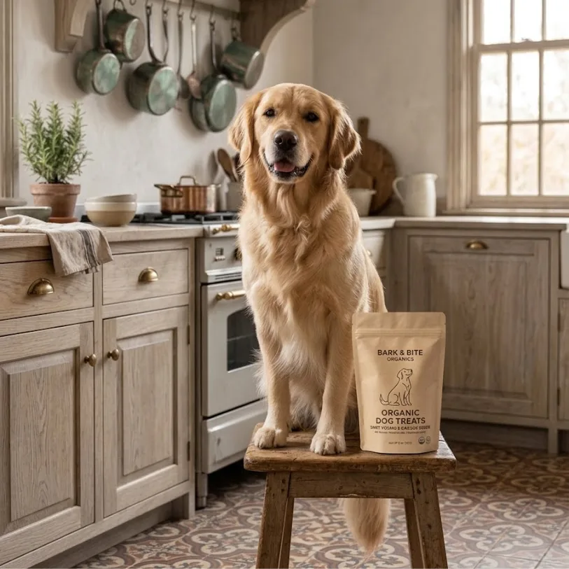 Lifestyle images for ecommerce, pet treats in European-style kitchen, Amazon Germany listing