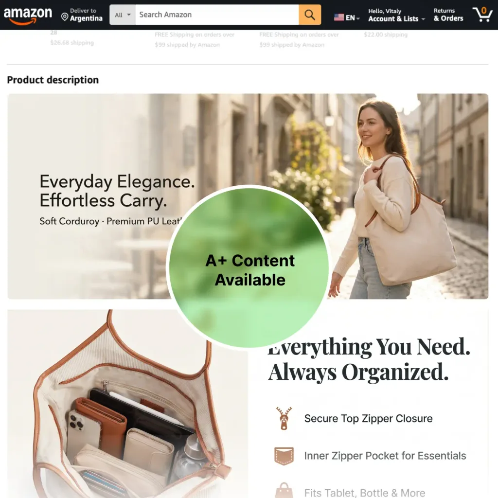 A+ content draft includes a brand story banner, a three-column feature comparison, a lifestyle image module, and a spec table formatted for quick scanning.