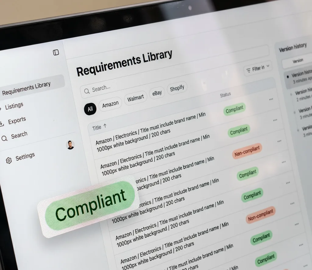 Digital Shelf Manager dashboard showing requirements library for Amazon and Walmart listings