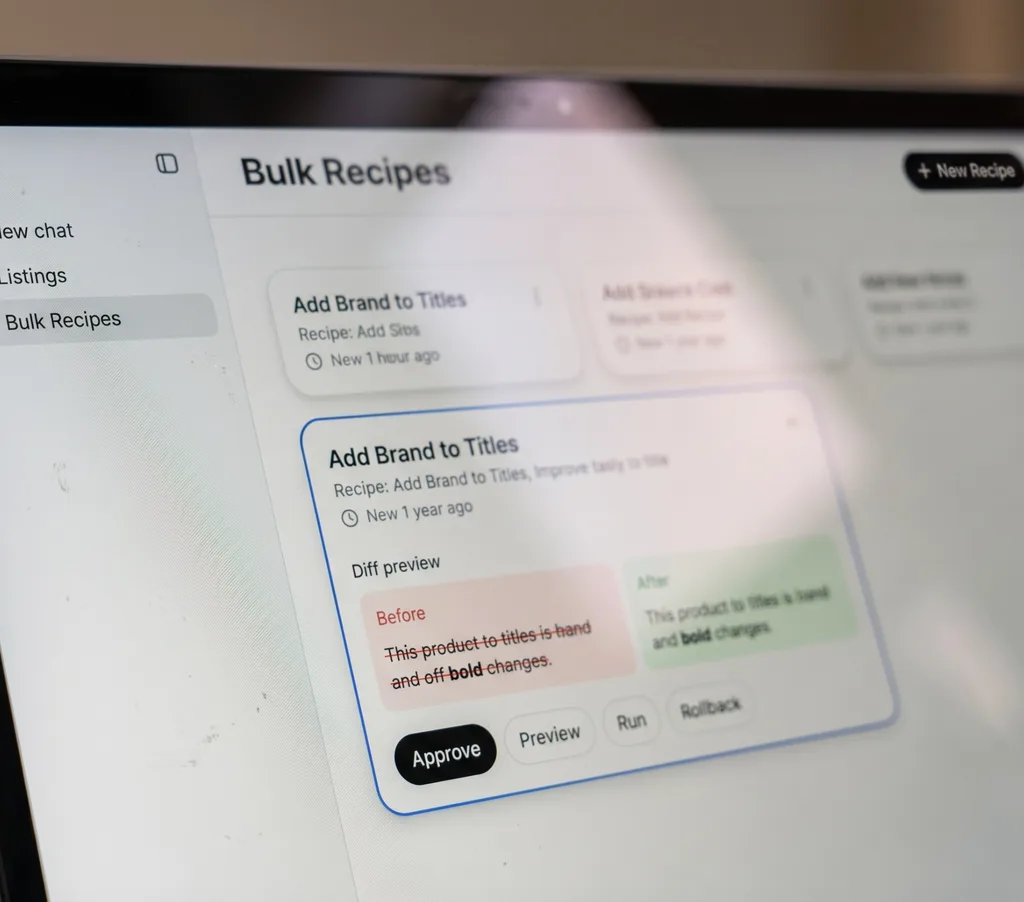 Digital Shelf Manager dashboard showing bulk recipe builder for marketplace content management