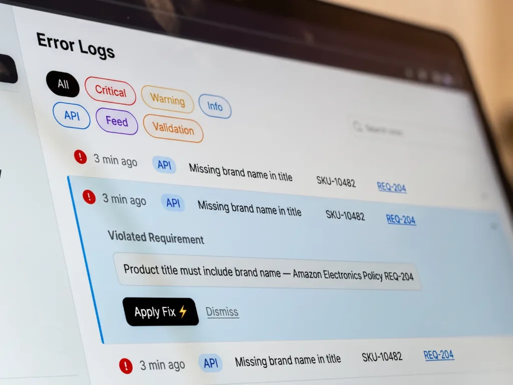 Digital Shelf Manager dashboard showing error logs and listing compliance tracking