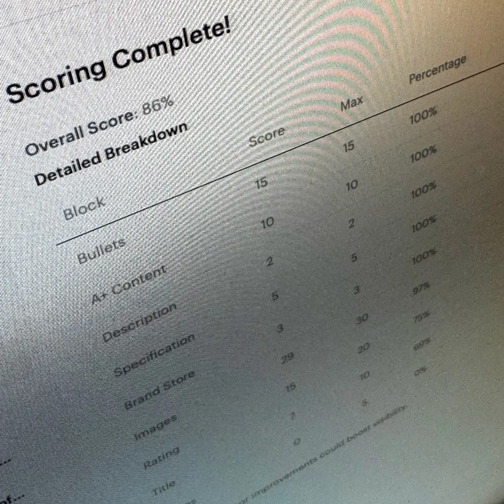 Quality score dashboard showing factor breakdown across title, media, and attributes