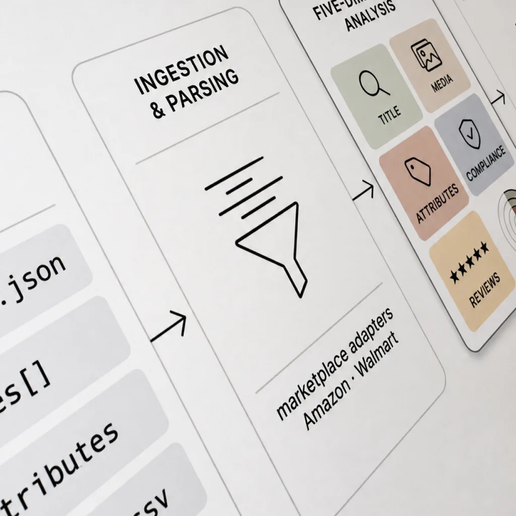 Schema of Scoring pipeline: from raw listing data to actionable, category-normalized quality score. Shot from a MacBook display with a shallow depth of field effect.