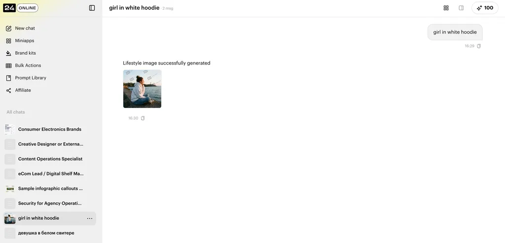 24.online workspace interface with product catalog and AI tools sidebar
