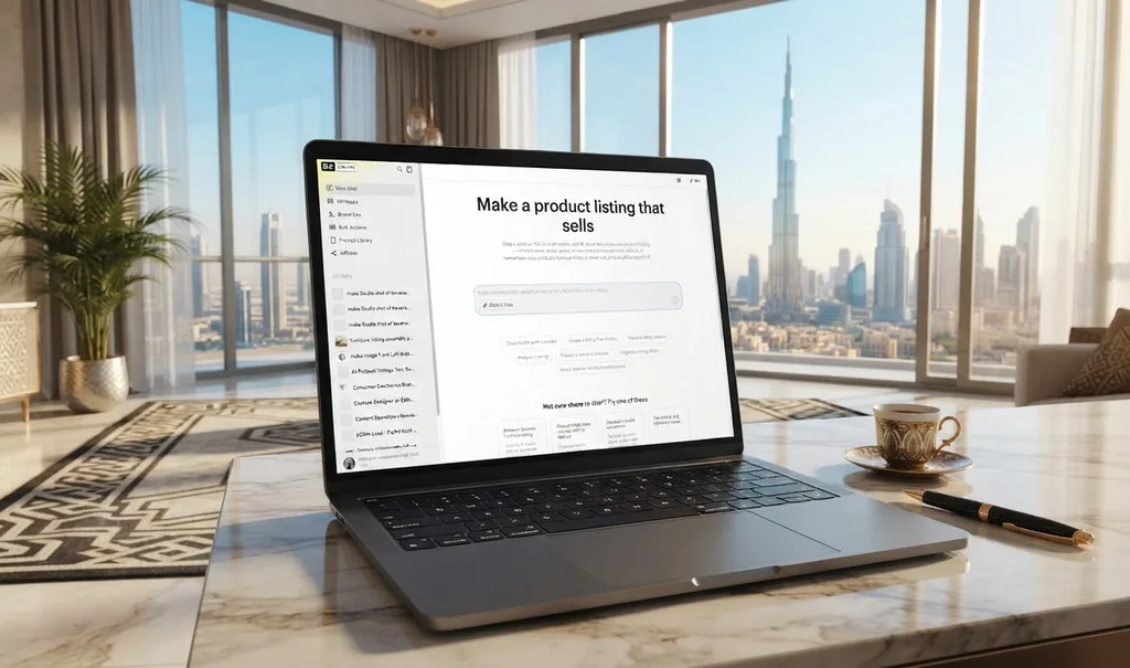AI-enhanced product listing card on a Middle East marketplace showing auto-generated title, optimized images, bullet points and Arabic localization overlays