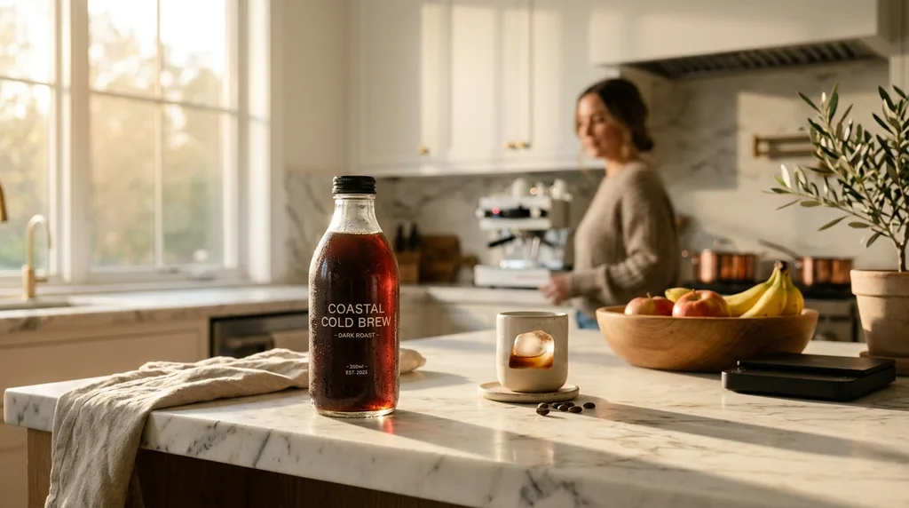 Lifestyle scene: cold brew bottle on sunlit kitchen counter with breakfast setting