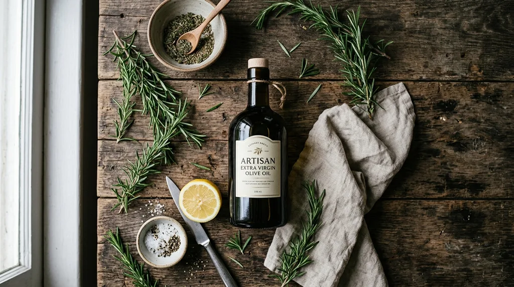 On-table composition: olive oil bottle surrounded by fresh herbs, wooden cutting board, and linen napkin