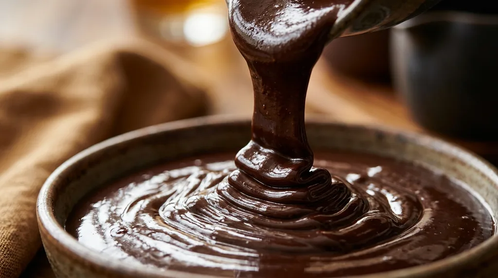 Macro detail: extreme close-up of chocolate sauce texture with glossy highlights and visible viscosity