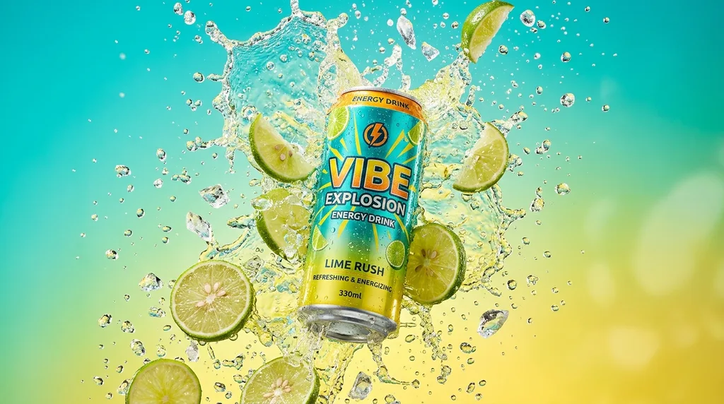 Ingredients splash: energy drink can with ice cubes, citrus slices, and liquid splash frozen in mid-air