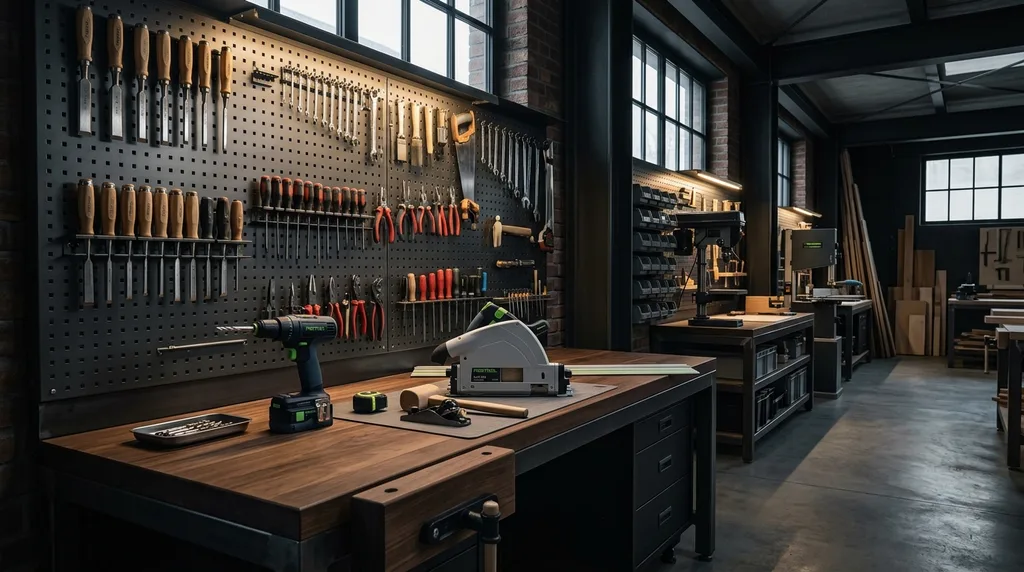 Dark subtle background showing a professional workshop or garage environment