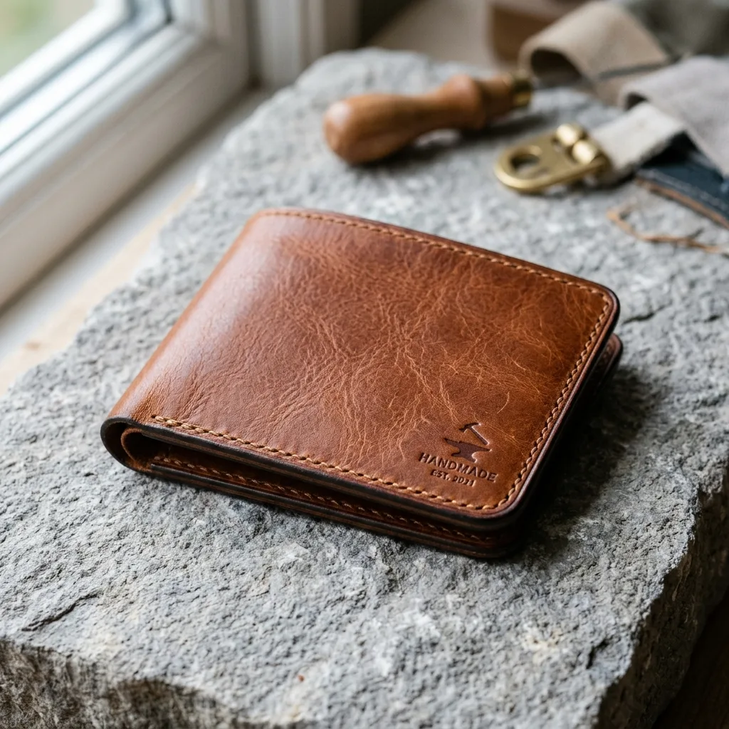 Handmade leather wallet on neutral background, Etsy-compliant main listing image, US market