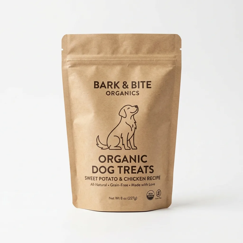 Organic dog treats package on white background, Amazon DE-compliant main image, Germany