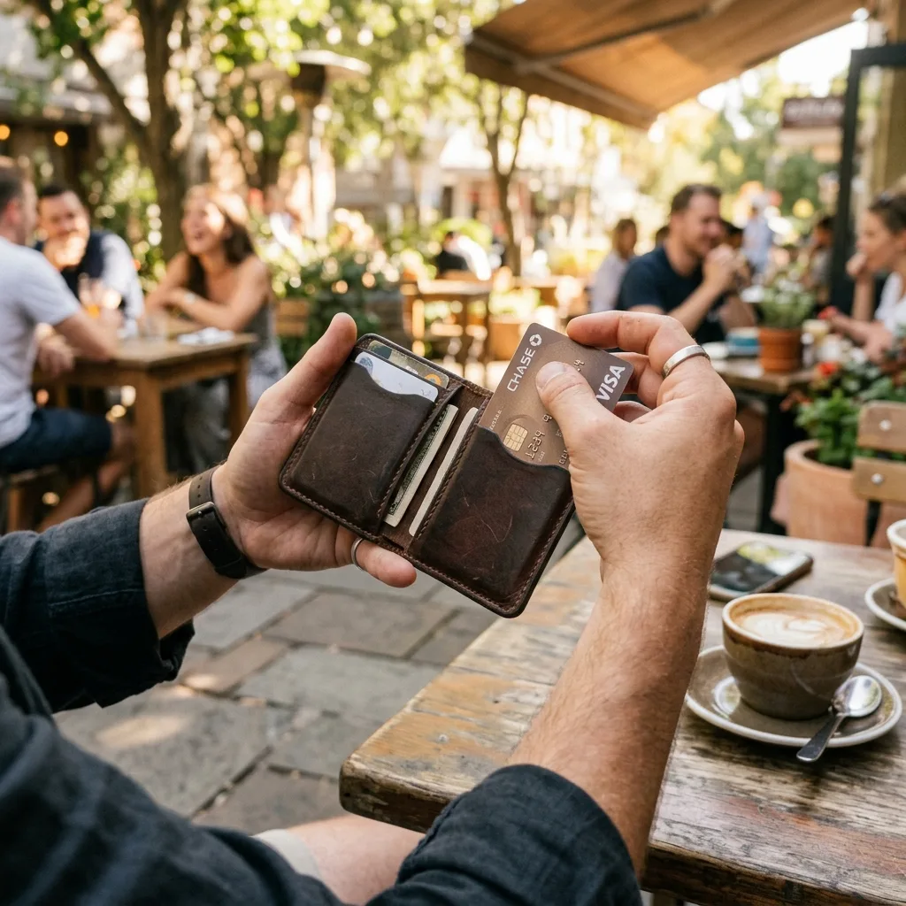 Lifestyle images for ecommerce, hand holding leather wallet, Etsy handmade listing