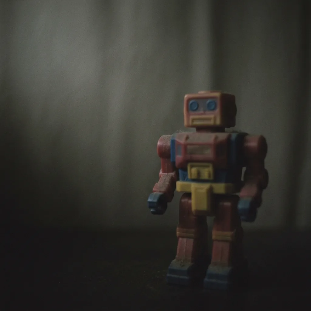 Dark, blurry toy on a gray background