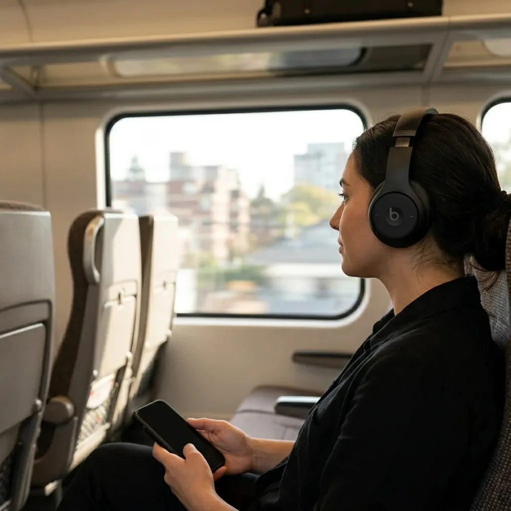 Lifestyle scene showing headphones worn during a commute, with secondary scale reference