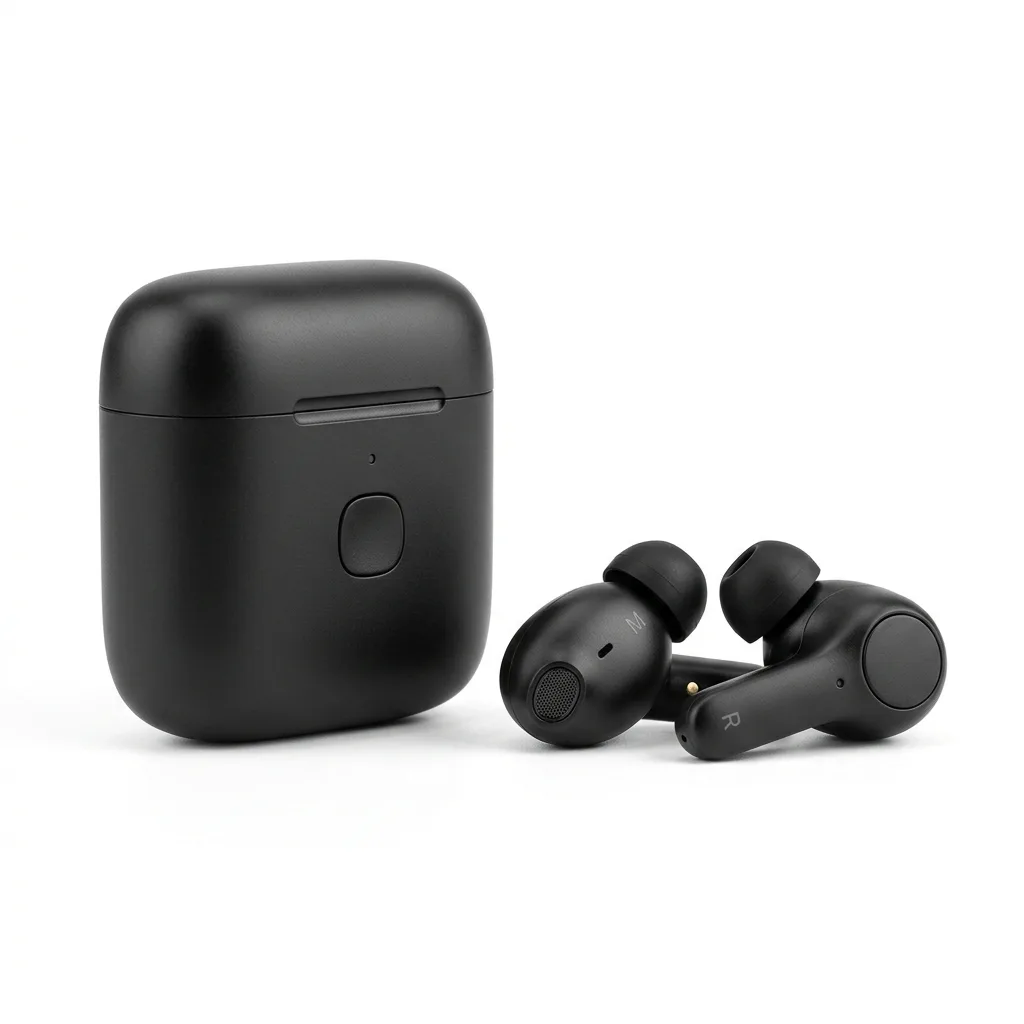 Wireless earbuds on white background, Amazon-compliant main listing image, no text overlay